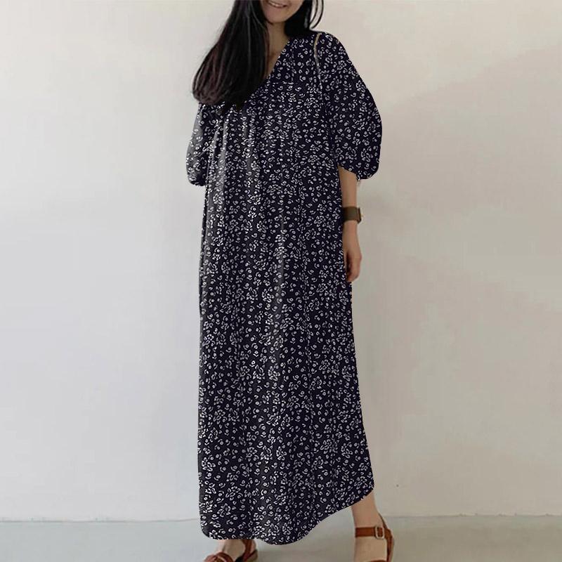 

ZANZEA Женское повседневное платье с V-образным вырезом и рукавами 3/4 свободного кроя с цветочным принтом L чёрный