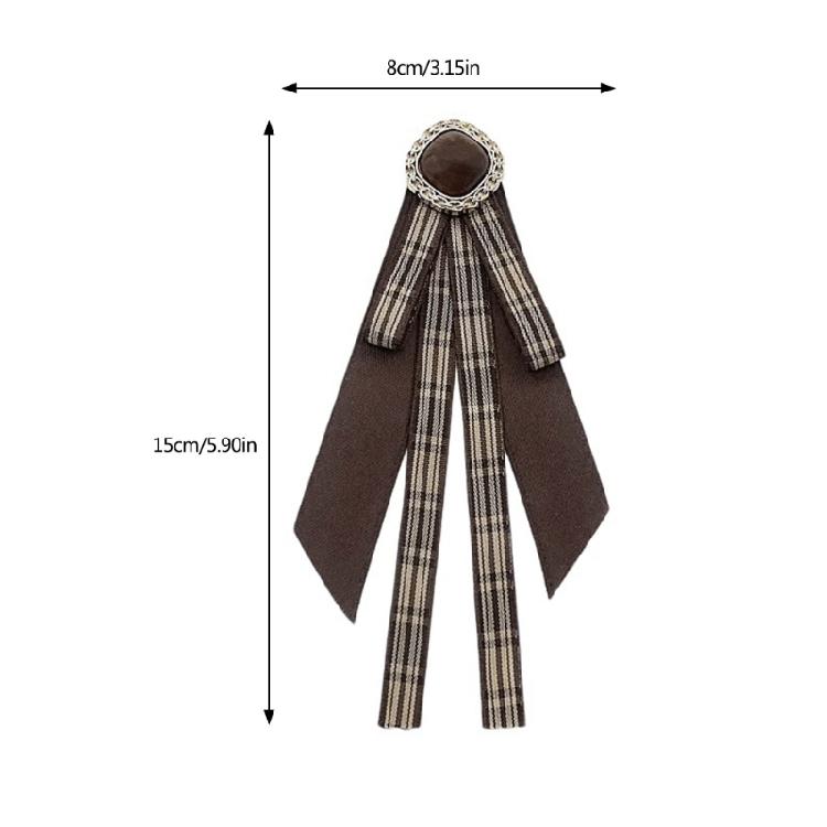 Vintage Brown Plaids Ribbon Pre Tied Bowtie Brooch Pin Women Corsage Shirt Jabot Collar Uniform Bowknot Necktie Clip