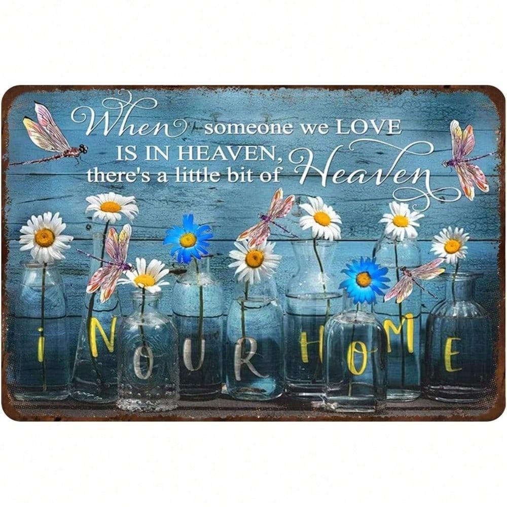 Vintage Dragonfly Daisy Flower Tin Metal Wall Sign 8x12 Inch Retro Home Decor