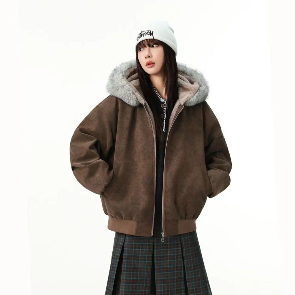 Unisex Double-Sided Wear Snow Eagle Fur Collar Hooded Jacket - Warm Cotton Autumn/Winter Plus Velvet Couples Design