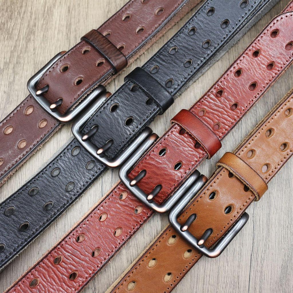 Trendy Personalized Retro Leather Belt with Double Pin Buckle for Men