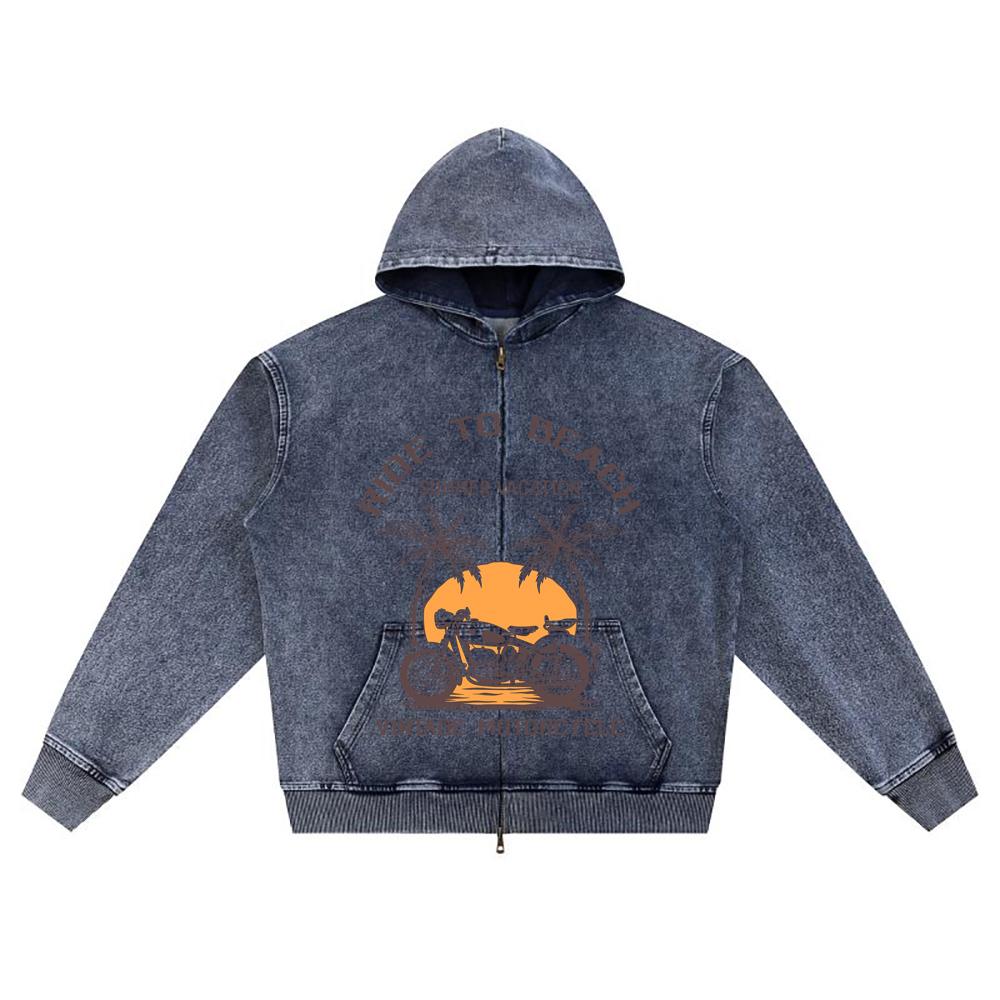 DTG print Knitted Denim Zip-Up Hoodie vintage summer 8 Brother Print Zipper Hoodies  