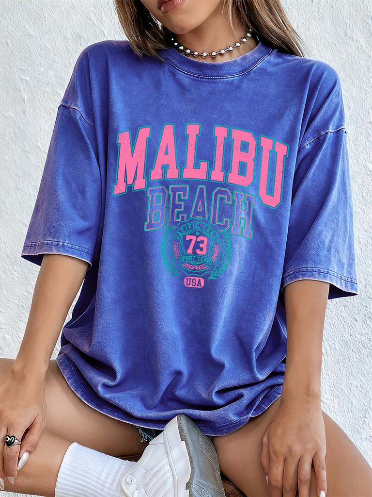 Malibu Beach Druck gewaschene T-Shirts Damen Baumwolle Kurzarm Tops Street Rundhals Oversized T-Shirts Hip Hop Trend Kleidung