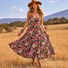 Women Boho Maxi Dress Floral Print Spaghetti Strap V Neck Blackless Summer Beach Vacation Dress