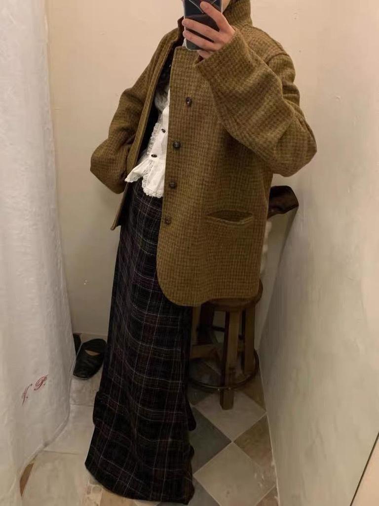 Viaplan Korean Autumn/Winter Elegant Retro Plaid Wool A-line Skirt