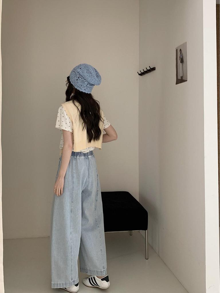 Ting Lan White Cow Elastic Loose Wide-Leg Slimming Casual Nine-Point Pants