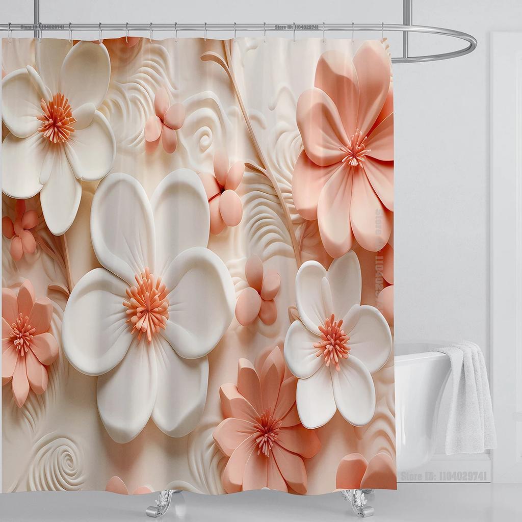 3D Floral Shower Curtain Set Orange Flower Design Fabric Bathroom Decor Waterproof Washable Shower Curtain Set With Hooks