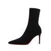 Women Pointed Toe High Heel Boots Autumn Winter Elastic Sock Mid Calf Slimming Ankle Boots Black