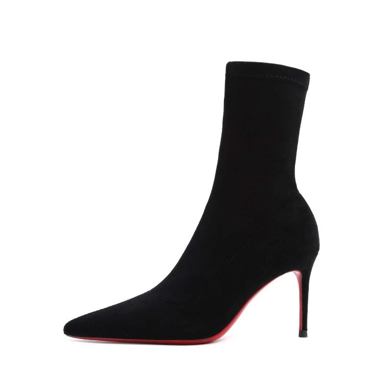 Women Pointed Toe High Heel Boots Autumn Winter Elastic Sock Mid Calf Slimming Ankle Boots Black
