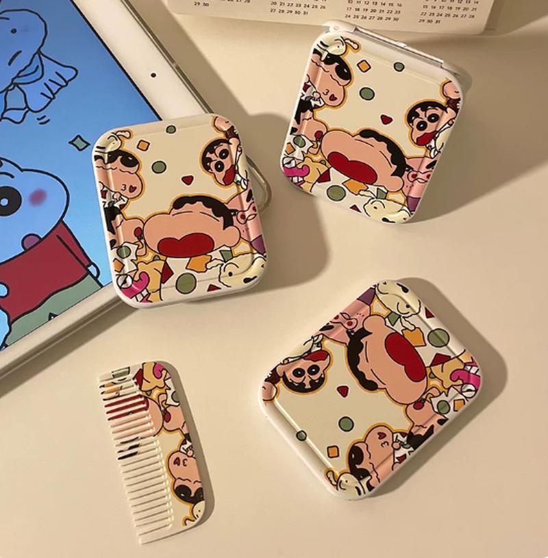New Anime Accessories Xiao Xin Cute Folding Small Mirror With Comb Mini Portable Outdoor Makeup Mirror Comb Integrated Gift