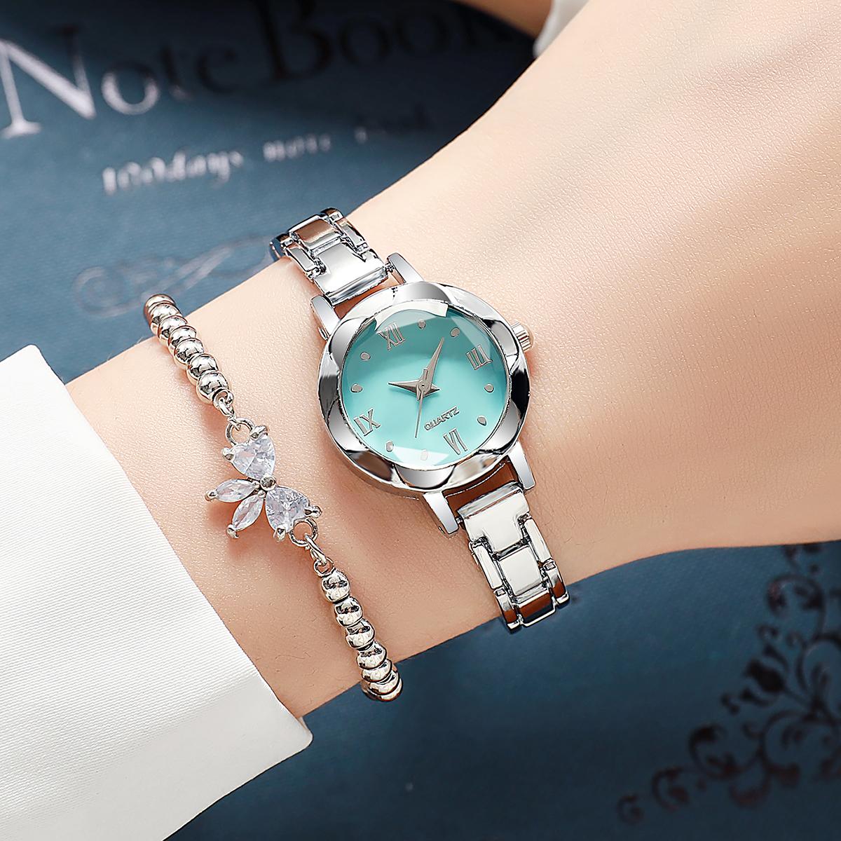 

Non gift box niche small dial student bracelet steel strip simple temperament compact watch women s jewelry five piece set серебряный