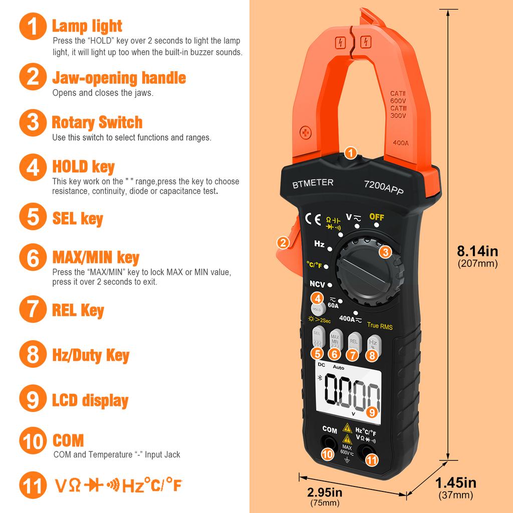 Bluetooth Clamp Multimeter, 7200APP Voltage & Capacitance Tester, 6000 Counts True RMS Multimeter, Auto-Ranging Ohmmeter