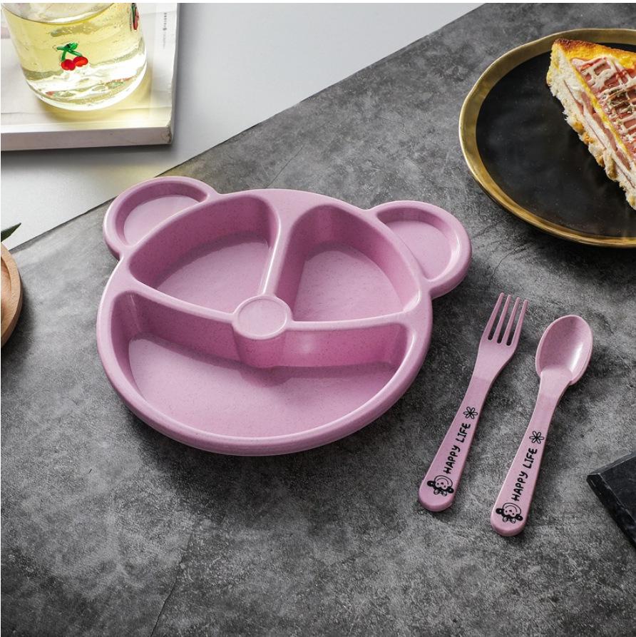 Panda-Themed Wheat Straw Children's Dinnerware Set - 3 Pieces: Divided Plate, Spoon, and Fork