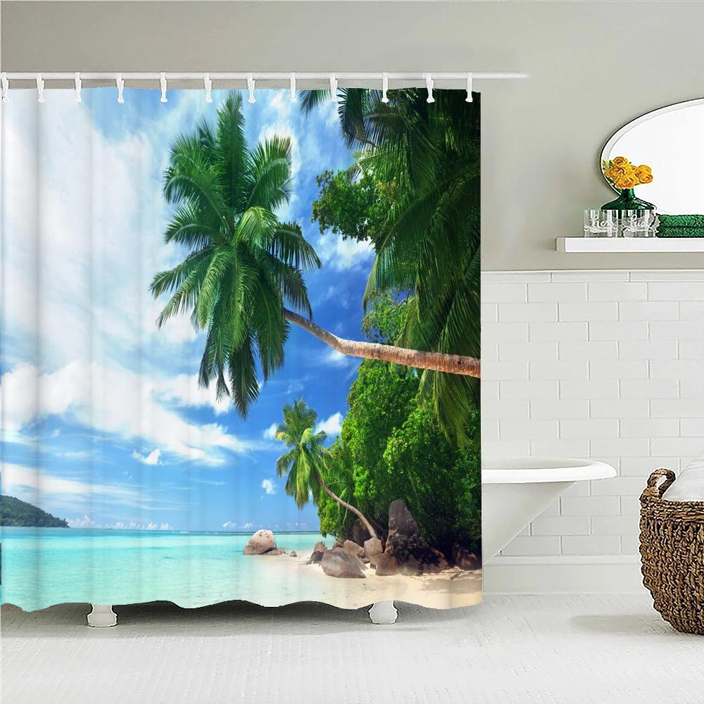 Sunny Beach Palme Meereslandschaft Stoff Duschvorhang Wasserdicht Polyester Badvorhänge für Badezimmer Dekorieren mit Haken