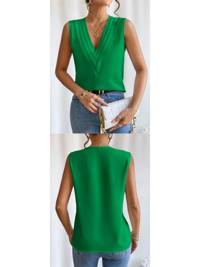 European and American Women's Summer V-Neck Layered Solid Color Top