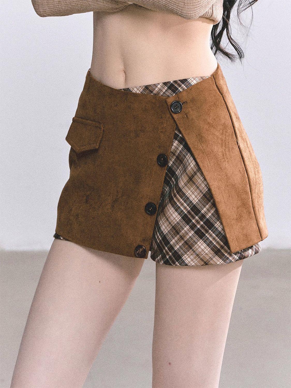 Retro Spicy Girl Coffee Midi Skirt Pants - Spring/Summer Irregular Plaid Casual Wear for Women Small