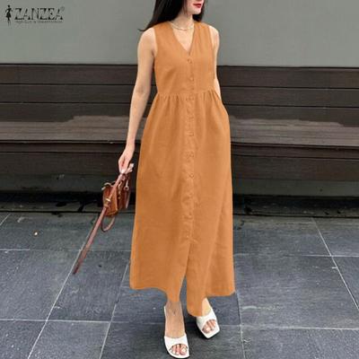 Vestido Casual Feminino de Verão Sem Mangas com Decote em V