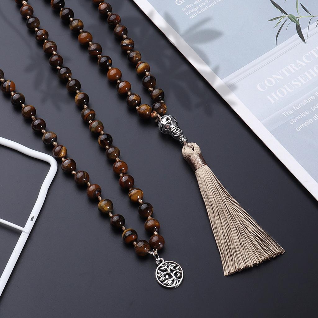 Collana con Perle di Pietra Naturale da 108 con Nodi e Nappe Occhio di Tigre Giallo per Meditazione Yoga Preghiera e Catena per Maglione