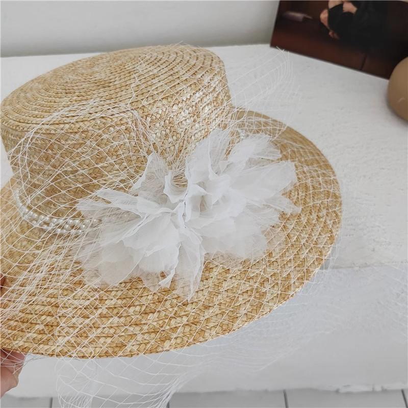 Ins Chic Summer Big Lace Flower Pearl Ribbon Natural Straw Lady Fedoras Cap Women Leisure Panama Jazz Hat