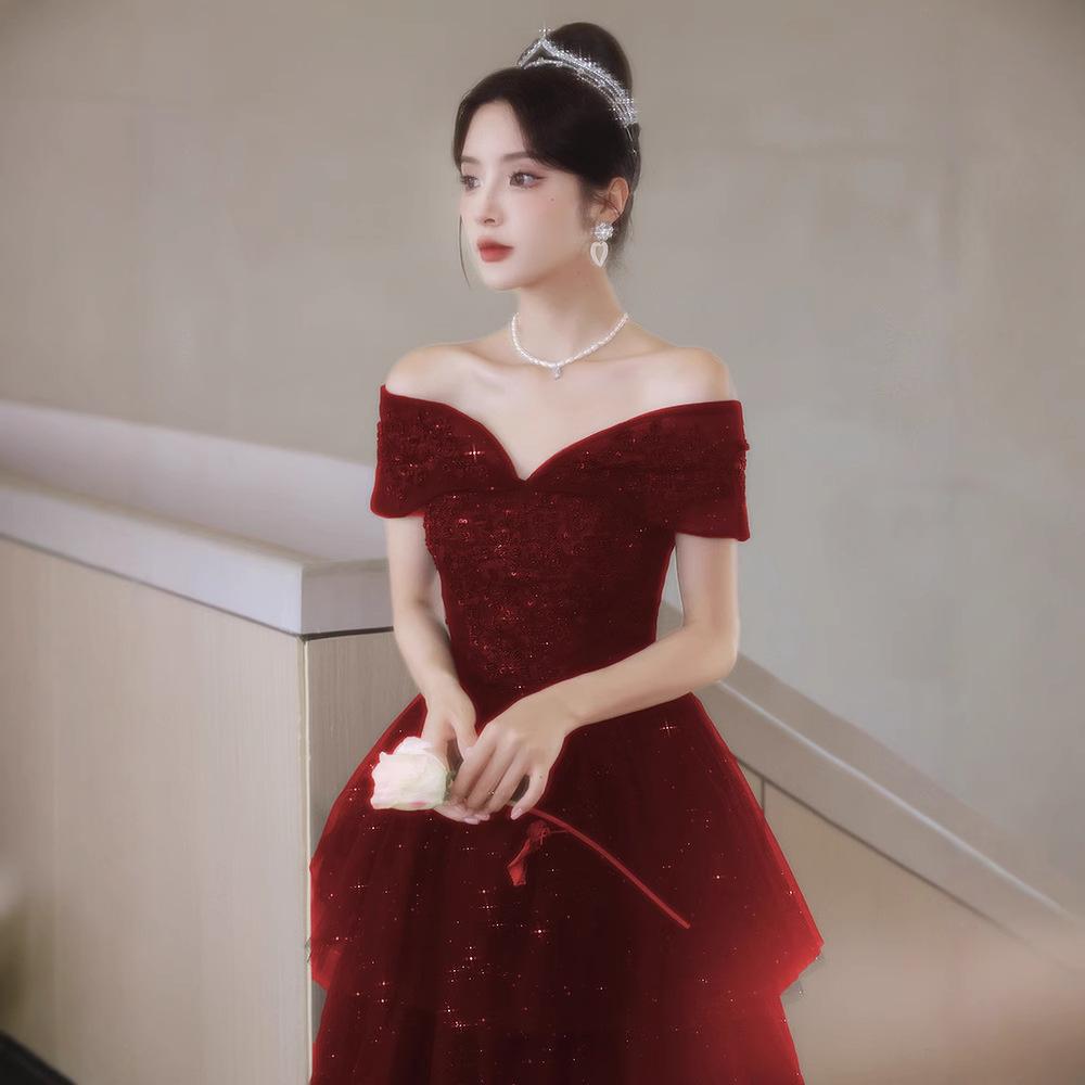 Toast Braut 1011 Neues Sommer Damen High-End Rotes Verlobungs Abendkleid Kleid Leichter Luxus Nische Atmosphärisch Hochzeitsbankett