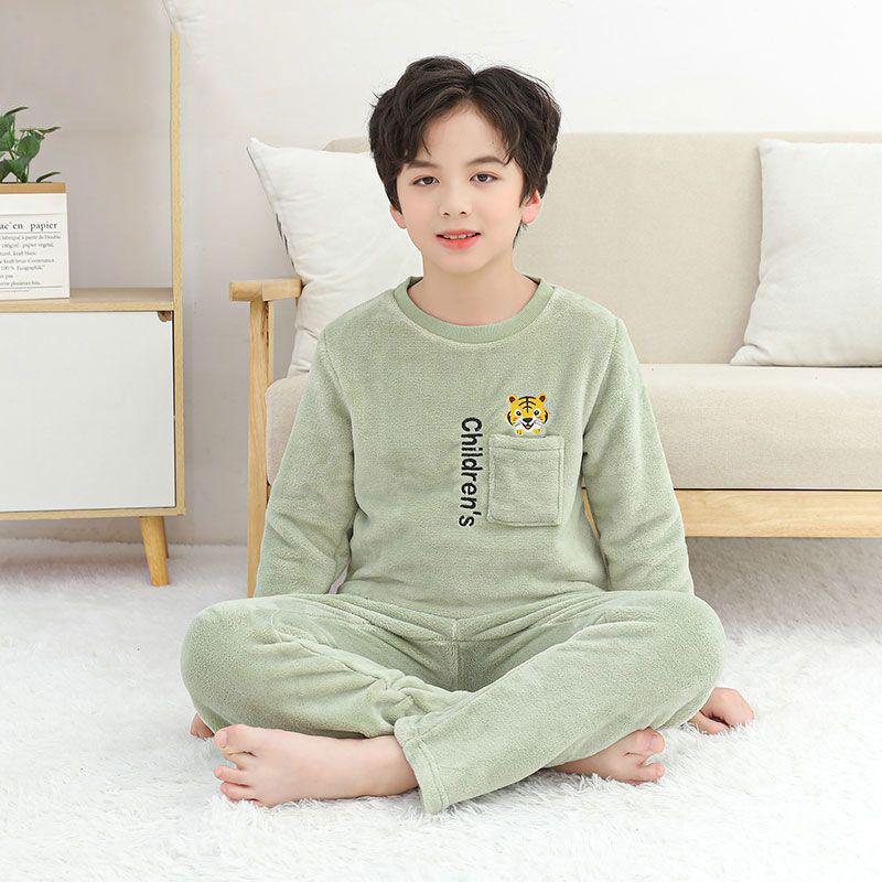 Flannel Boys' Pajama Set - Coral Fleece, Medium-Large, Plus Velvet, Thickened for Autumn/Winter