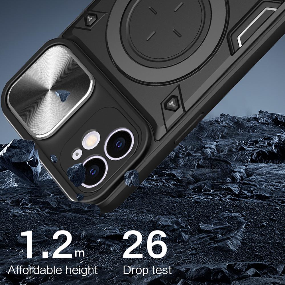 For iPhone 12 6.1 inch Slide Camera Lid Phone Case Rotatable Kickstand PC+TPU Shockproof Cover