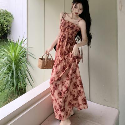 Women's Summer Sweet Elegant Floral Dress High Waist Holiday Suspender Long Dresses