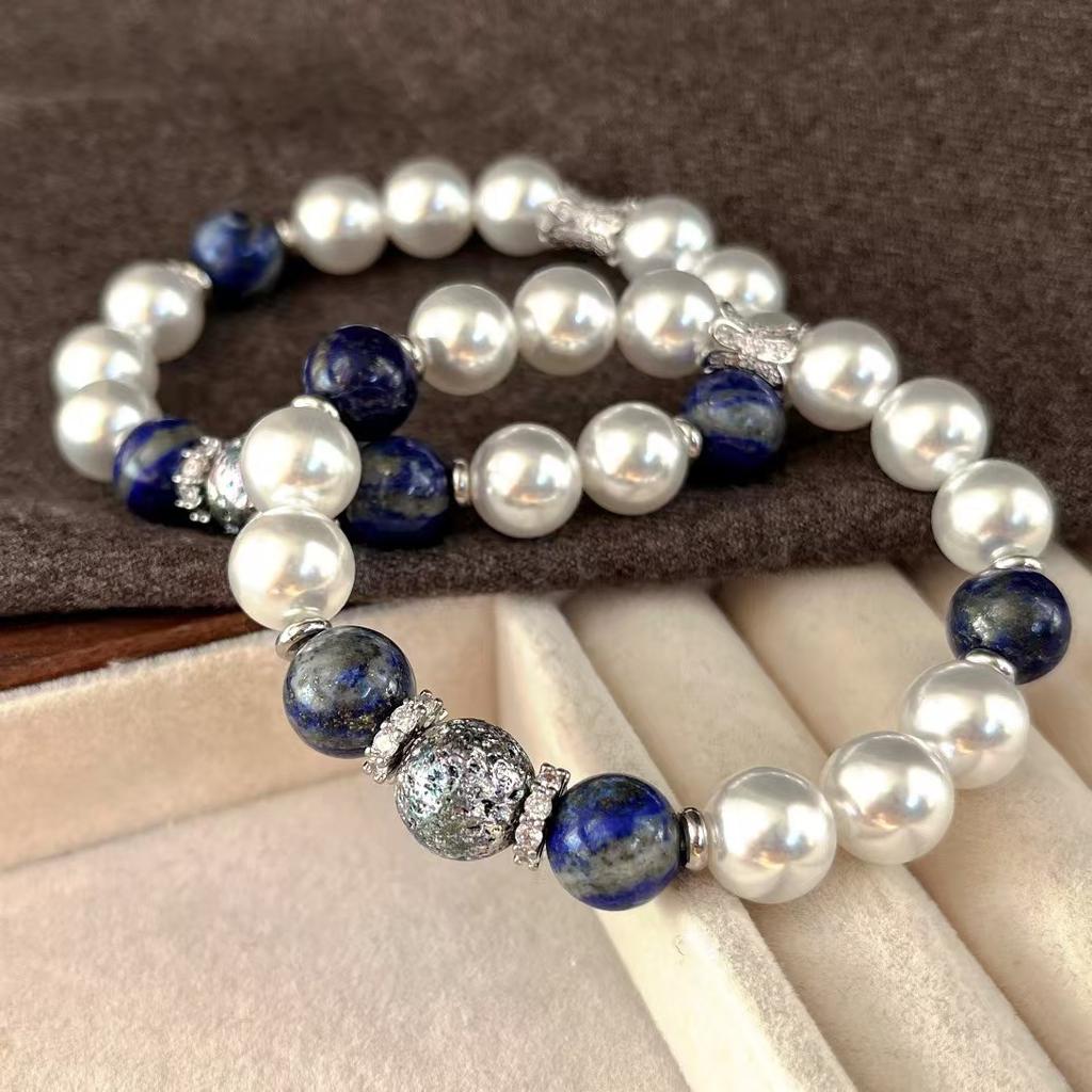 Retro High Quality Natural Lapis Lazuli High Gloss Artificial Crystal Pearl Bracelet Bracelet.