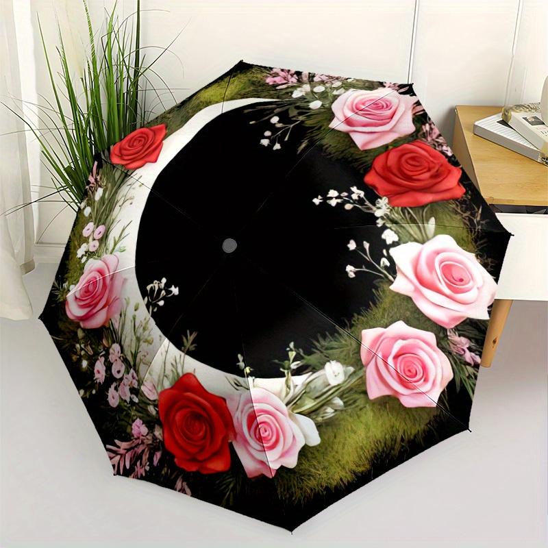 1pc Moon Wreath Automatic Folding Umbrella with Floral Rose & Crescent Moon Design - Compact Lightweight Retractable 8-Rib Aut (as the picture,Iron&8K)