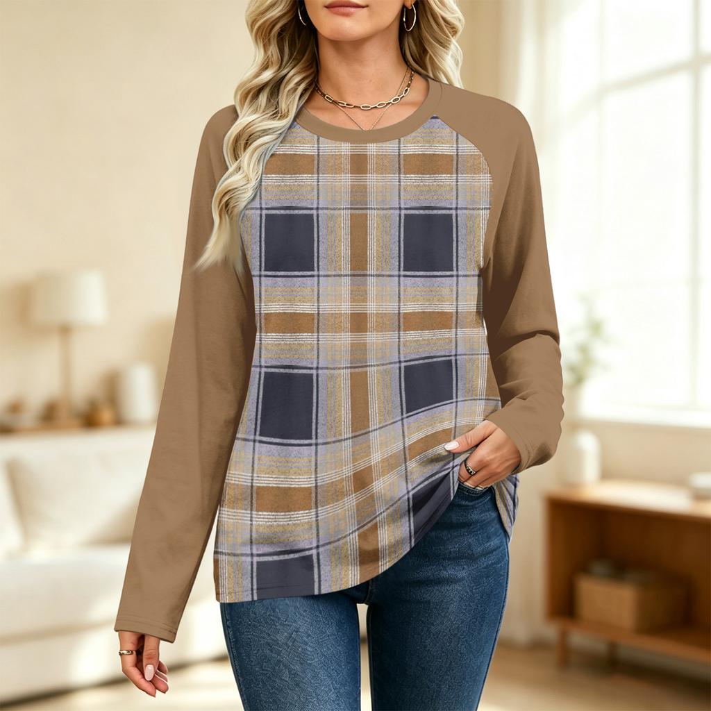 Women's Fashion Printed Long Sleeve Neck Raglan Sweatshirt with Color Block
