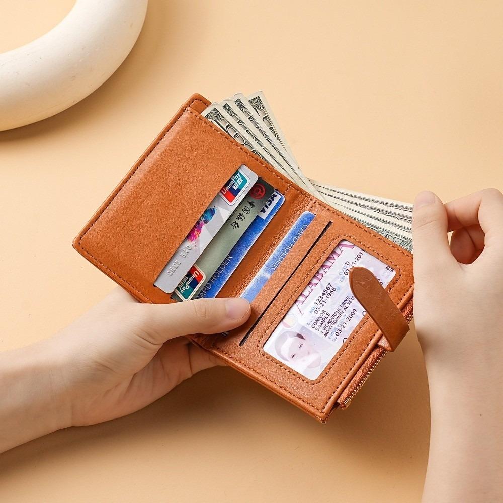 Portable PU Leather Women's Purse Solid Color Folding Design Short Wallet Pull-out Design Large Capacity Leather Purse for Women