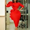 Autumn new fashion temperament slim-fit round neck seven-quarter sleeve ruffle edge dress
