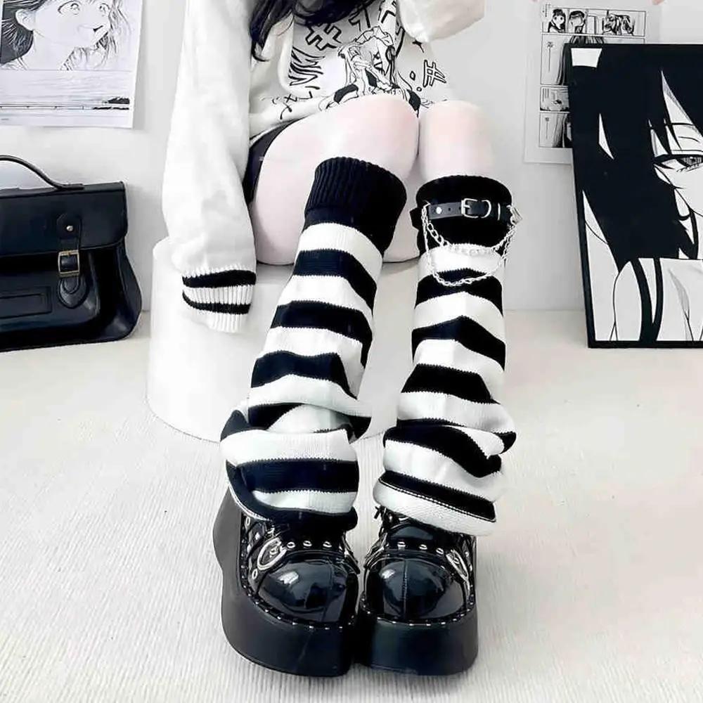 Gotische Damen Gestreifte Beinwärmer Schwarz Weiß Lolita Lange Socken Gestrickt Japanische Wintersocken Arm Knöchelwärmer Breite Beine Abdeckung One Size gray