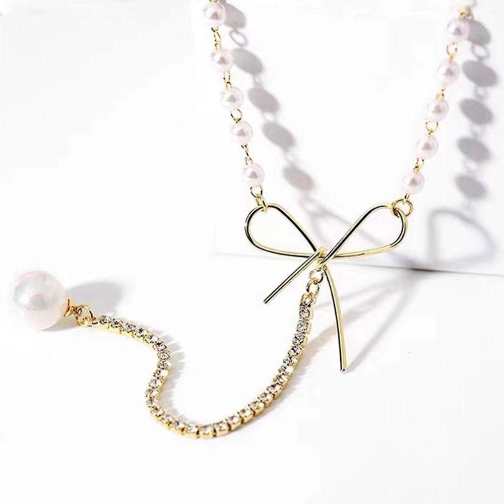 Light Luxury Bow Knot Pearl Pendant Necklace Fashion Pearl Pendant Necklace  Women