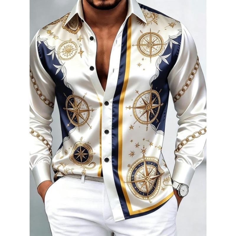 Luxury Men's Satin Long Sleeved Shirt, 3D Printed with Artistic Patterns, Comfortable Casual Vacation Collar Shirt