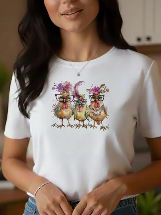 Summer Chicken with Flowers print T-shirt S