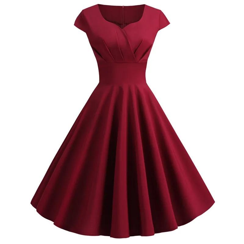 Women Summer Dress Solid Color Vintage Casual Party Robe Rockabilly Dresses Vestidos