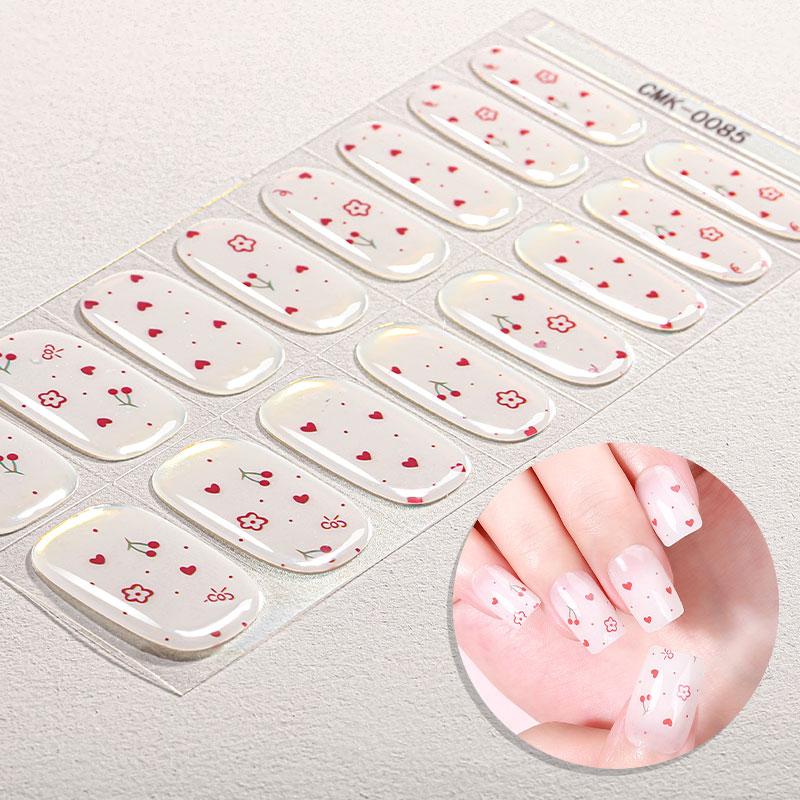 16Tips French Flowers Gel Nail Strips Long Lasting Full Cover Glitter Baking-Free Gel Nail Stickers DIY Manicure Decoration