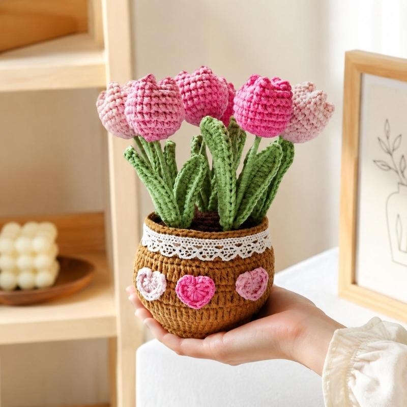 Potted Crochet Tulips Decors with Handcrafted Yarn Texture, Handmade Knitted Potted Flower for Tabletop Display, Gift for Women