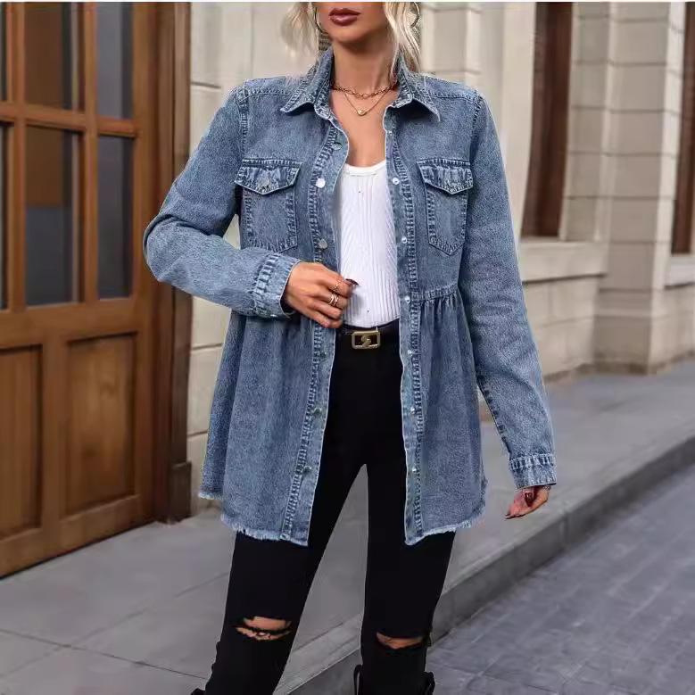 Women's Washed Raw Edge Denim Long Sleeve Shirt Jacket
