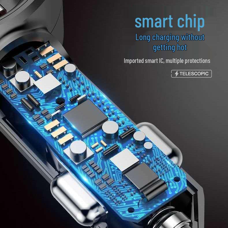 Dual USB Fast Car Charger with Retractable Cable for Huawei and Apple Devices