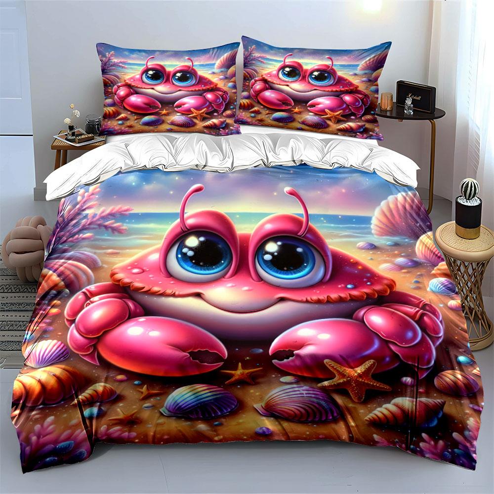Cute pink crab on beach cartoon Print Bedding Set 1 Duvet Cover 2 Pillowcases for Adult and Children Luxury Gift Full Size