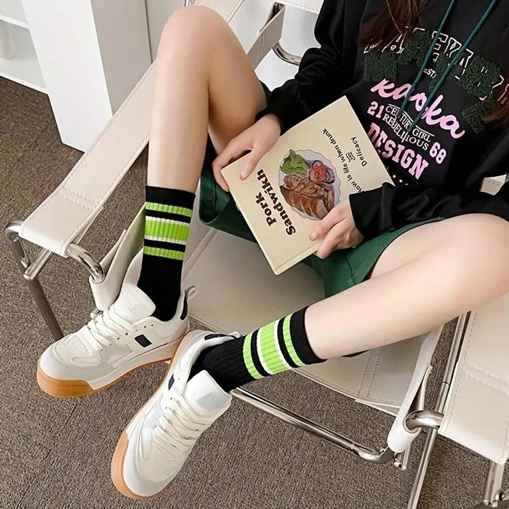 5 Pairs Women's Socks Cute Harajuku Warm Sock Simple Colorful Striped Short Socks Fashion Spring Autumn Women's Mid Length Socks