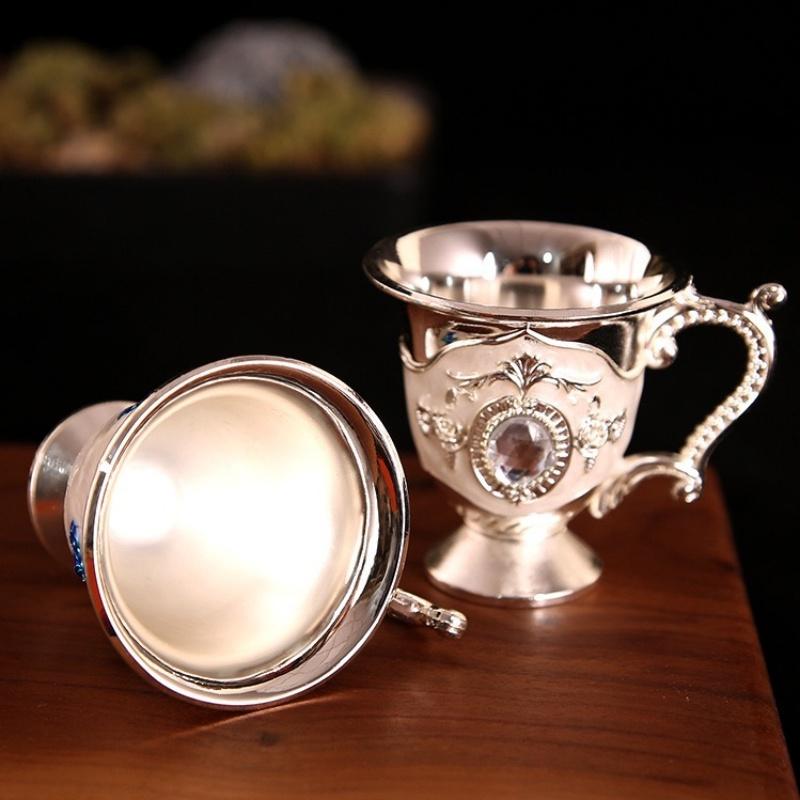 European Mini Wine Glasses, Alloy Portable Spirits Goblet, Vodka Cup, Carved Flower Shape Handle Wedding Decoration, 30ml,1pcs