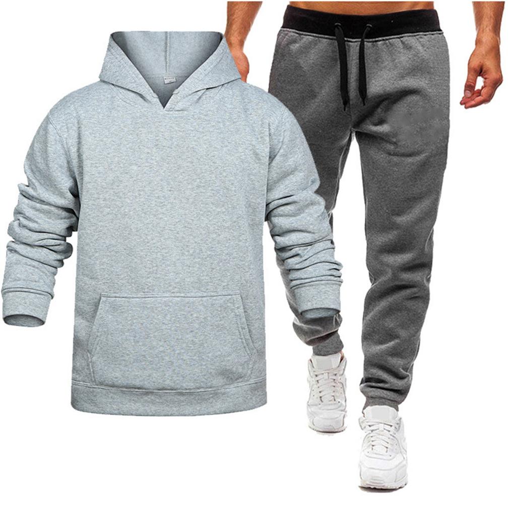 Men's Winter Solid Color Long-Sleeved Hooded Drawstring Sweatshirt And Sweatpants Suit