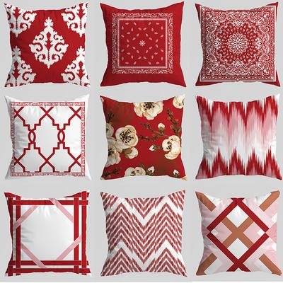 Chinese Style Red Geometric Print Cushion Cover, Retro, Elegant, American Style Pillow Cover, Bedside Sofa Backrest, Festive Cushion Cover