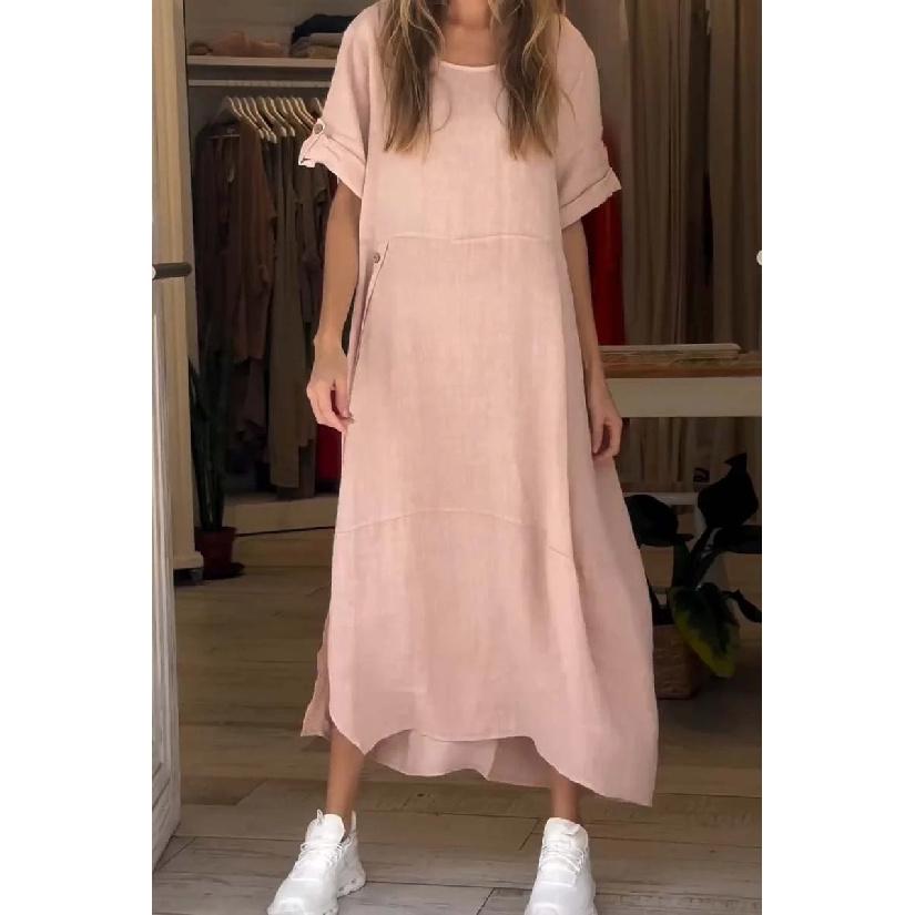New Fashion Printed Daily Versatile Women'S Summer Loose And Casual Solid Color Cotton And Hemp Long Dress