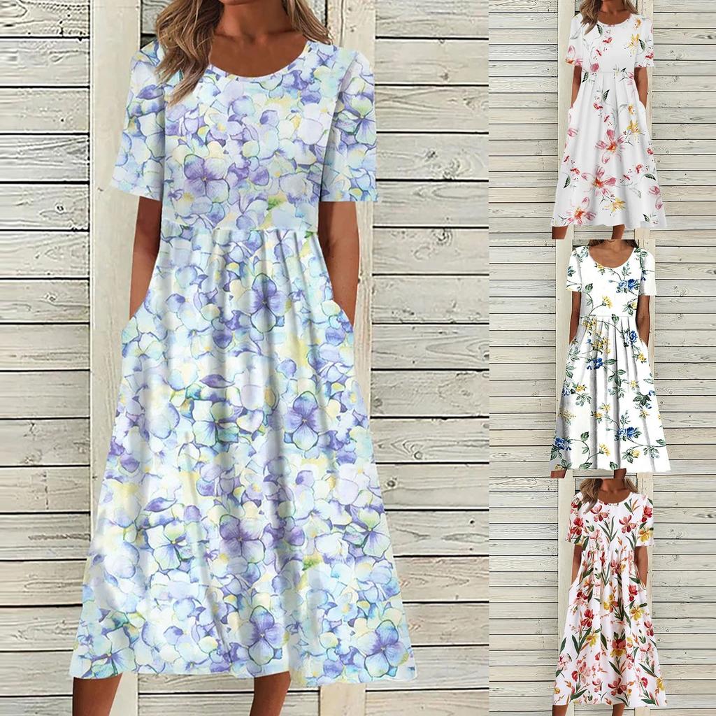 Women's Summer Casual Fashion Printed Short Sleeve 2022 O-Neck Pocket Dress