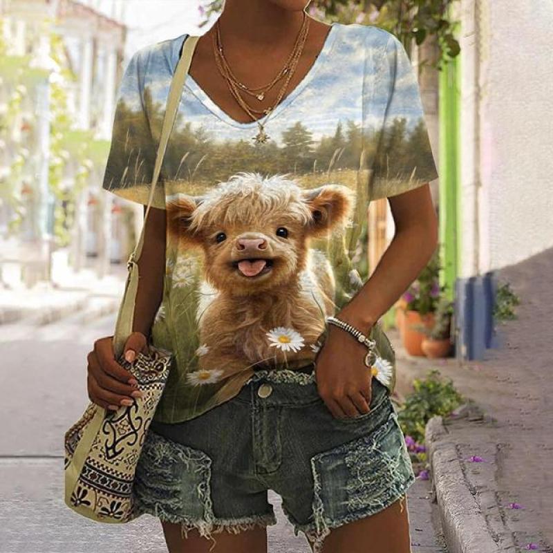 Animal Women's T Shirt Summer Casual Short Sleeve Top Cute Calf Pattern 3d Print Street Fashion V-Neck Female Harajuku Clothing