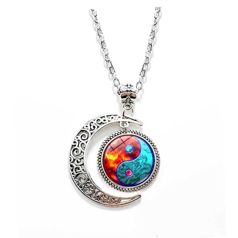 1Pc Tai Chi Star Moon Necklace, Retro Punk Carved Skull Alloy Chain Sweater Accessory